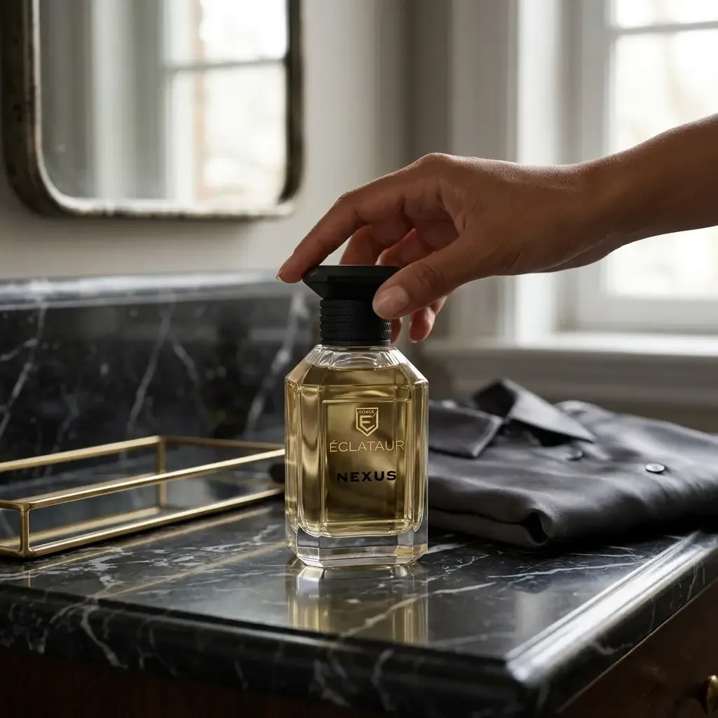 ÉCLATAUR NEXUS vanilla tobacco fragrance worn in a chiaroscuro-lit scene