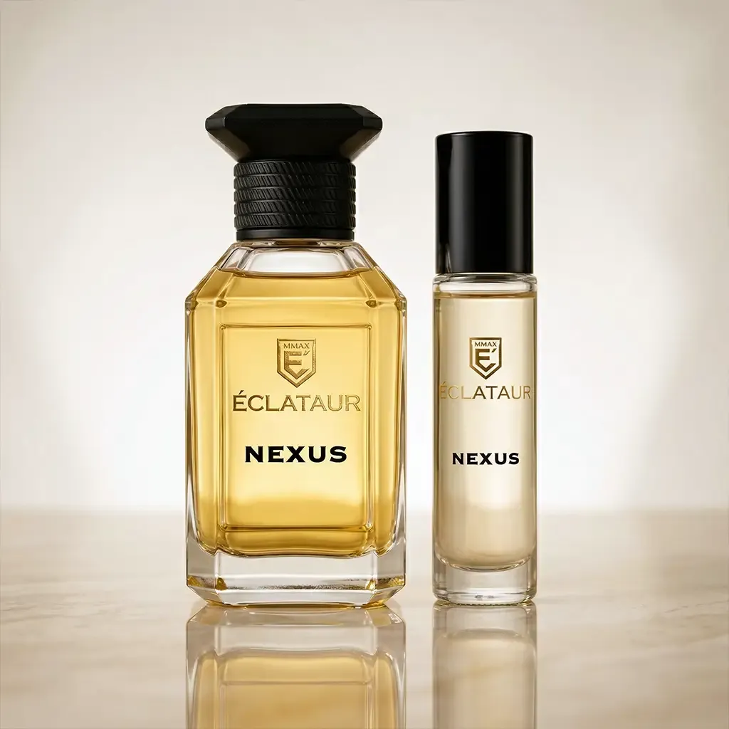 ÉCLATAUR NEXUS roll-on perfume oil beside the Eau de Parfum bottle