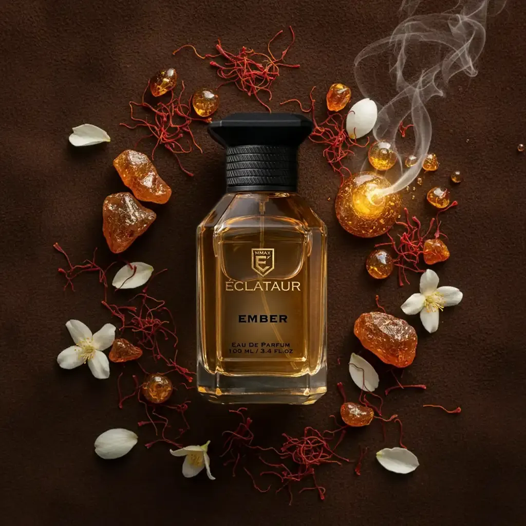ÉCLATAUR EMBER amber saffron perfume bottle, matte black cap with gold detail