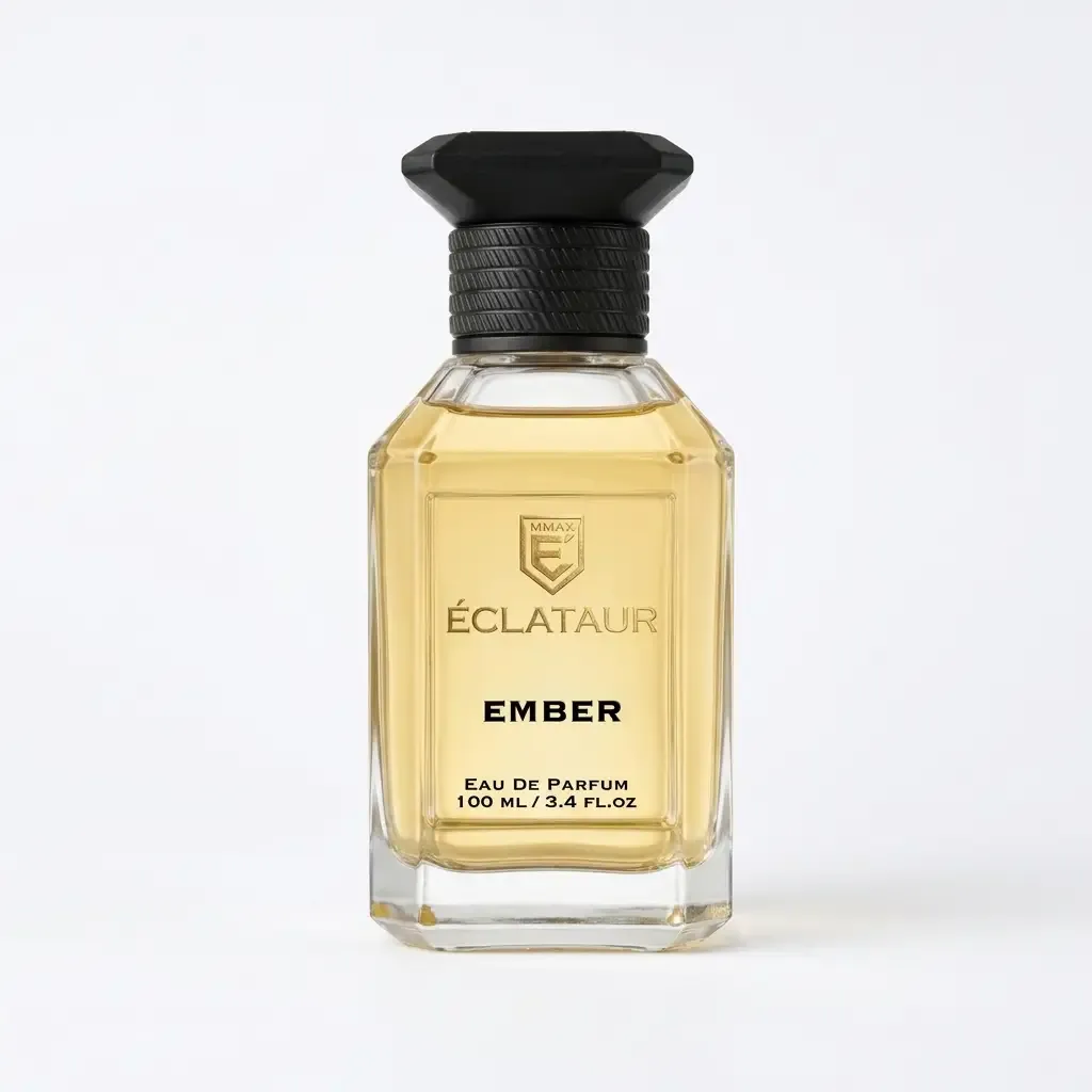 ÉCLATAUR EMBER amber saffron perfume bottle, matte black cap with gold detail