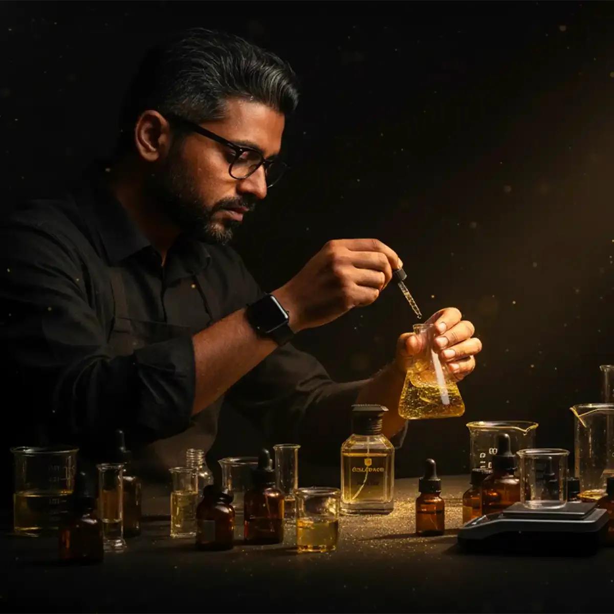 Hand blending a small batch of ÉCLATAUR perfume in the Texas studio, with calibrated brass scales, a formula notebook, conical flasks and pipettes