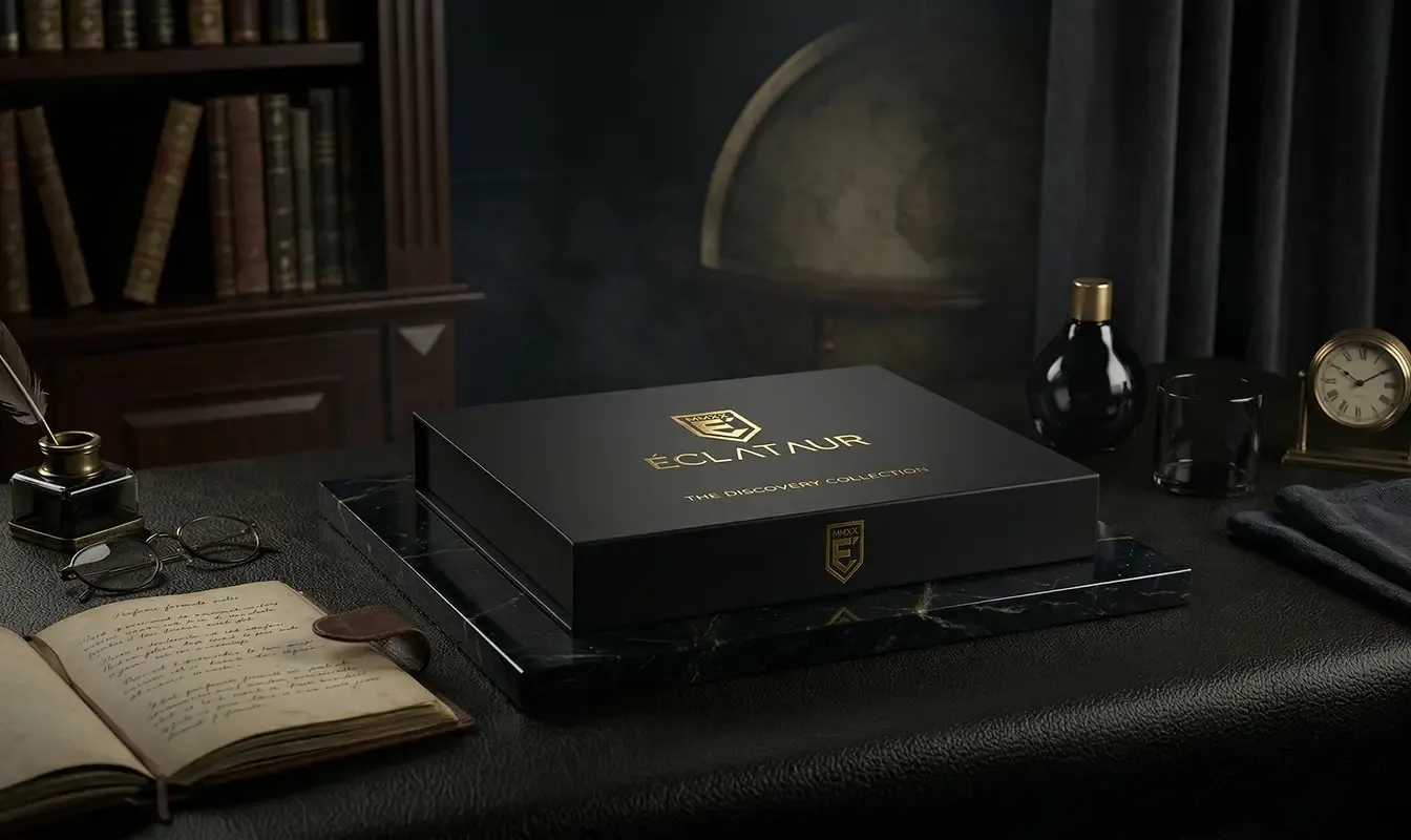 The ÉCLATAUR Discovery Gift Set, five 10 ml Eau de Parfums in a matte black bookcase