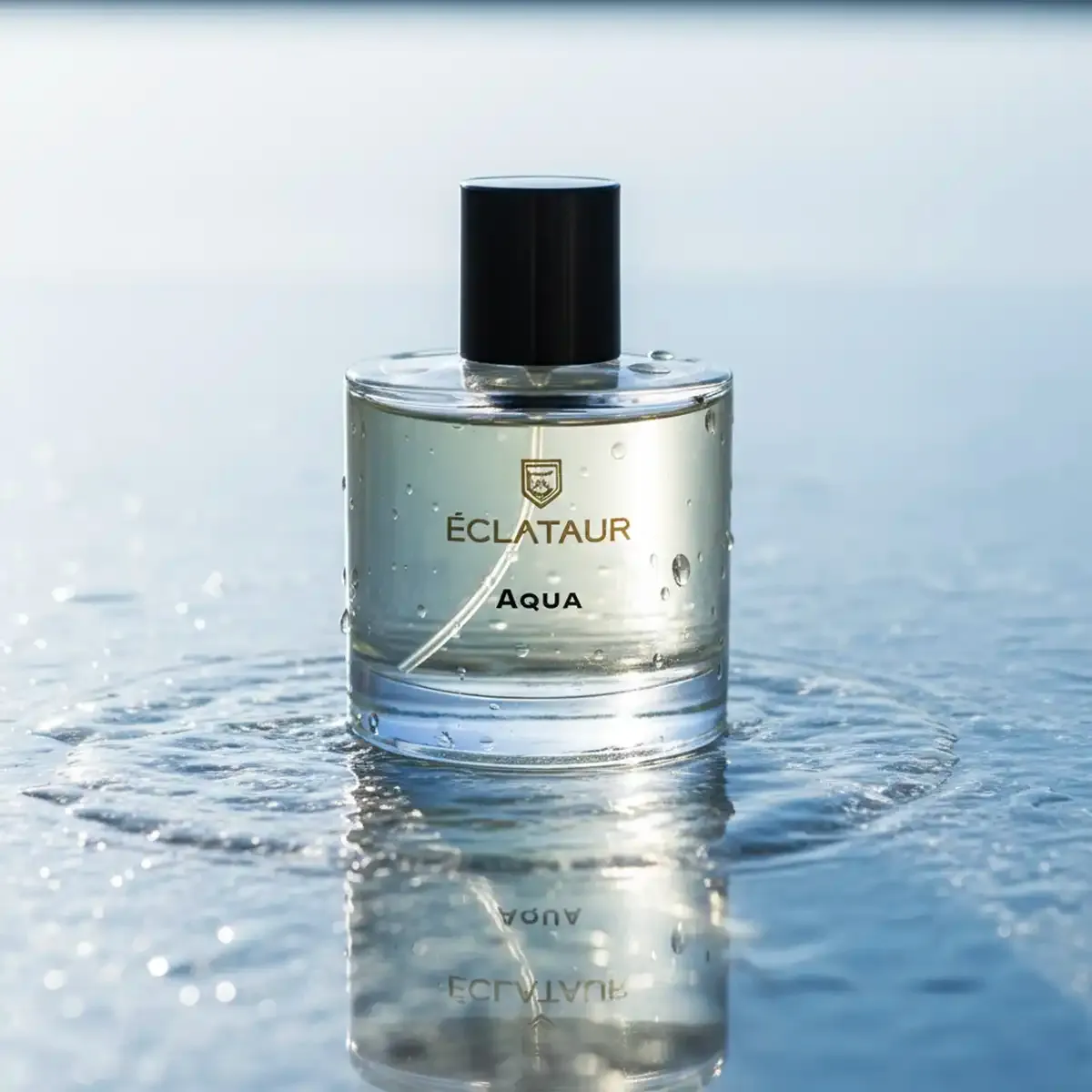 ÉCLATAUR AQUA beach fragrance perfume bottle, matte black cap with gold detail