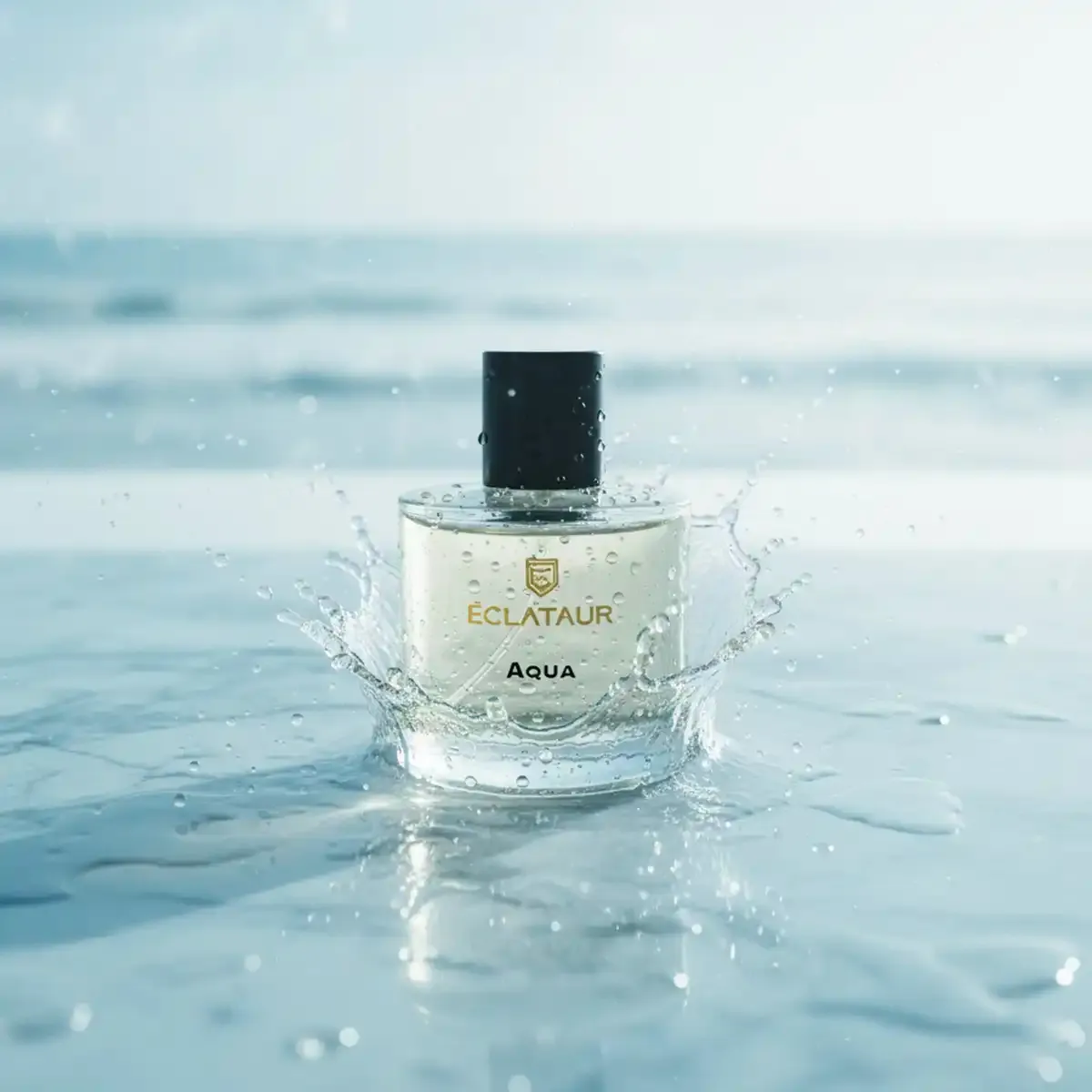 ÉCLATAUR AQUA beach fragrance perfume bottle, matte black cap with gold detail