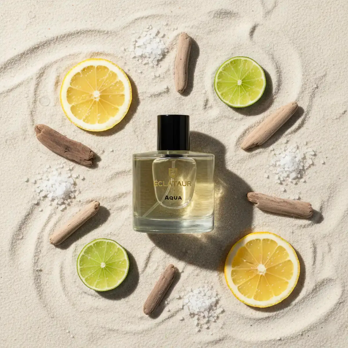 ÉCLATAUR AQUA beach fragrance perfume bottle, matte black cap with gold detail