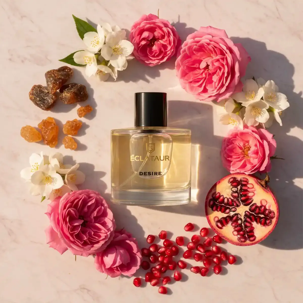 ÉCLATAUR DESIRE floral fruity perfume for women bottle, matte black cap with gold detail