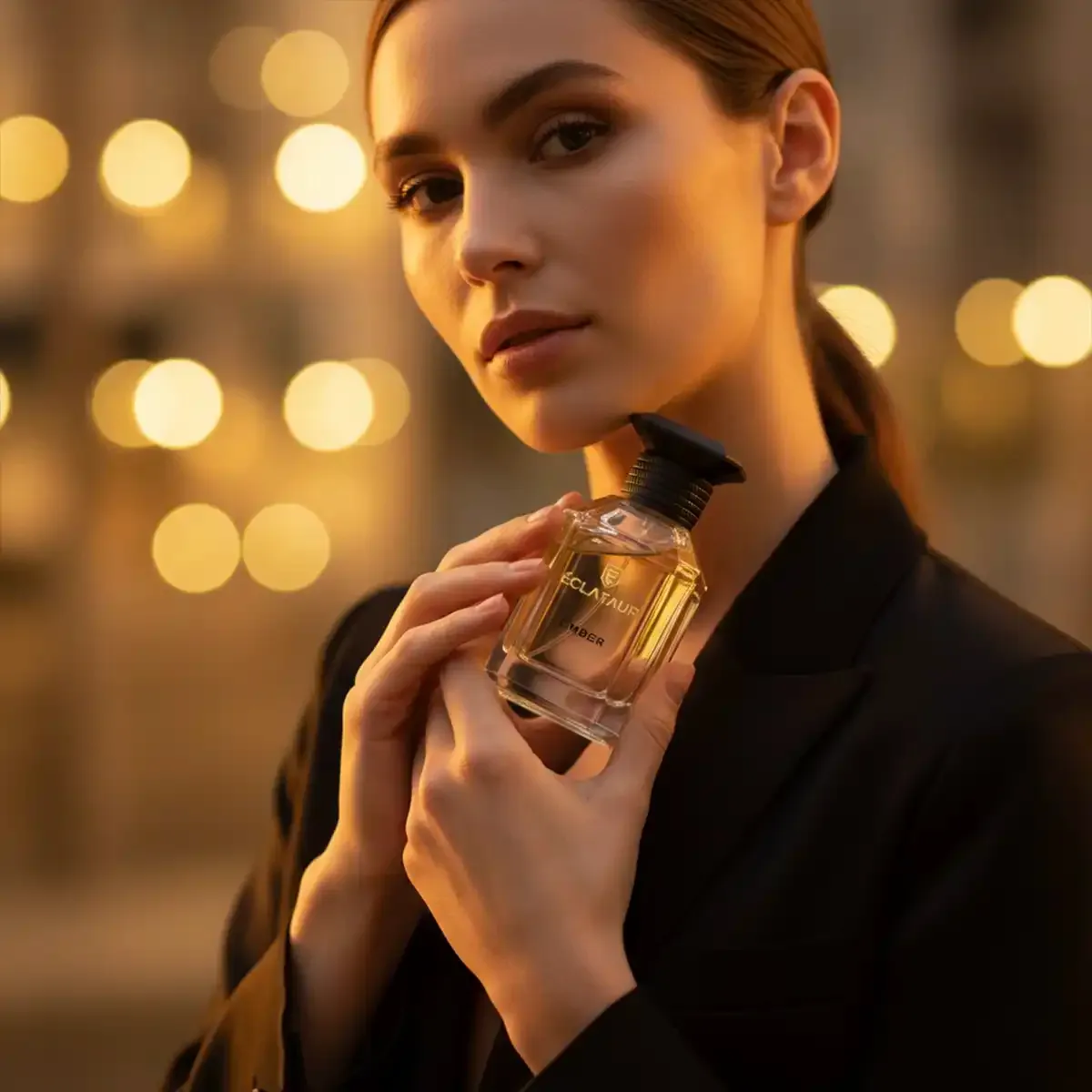 ÉCLATAUR EMBER amber saffron perfume bottle, matte black cap with gold detail