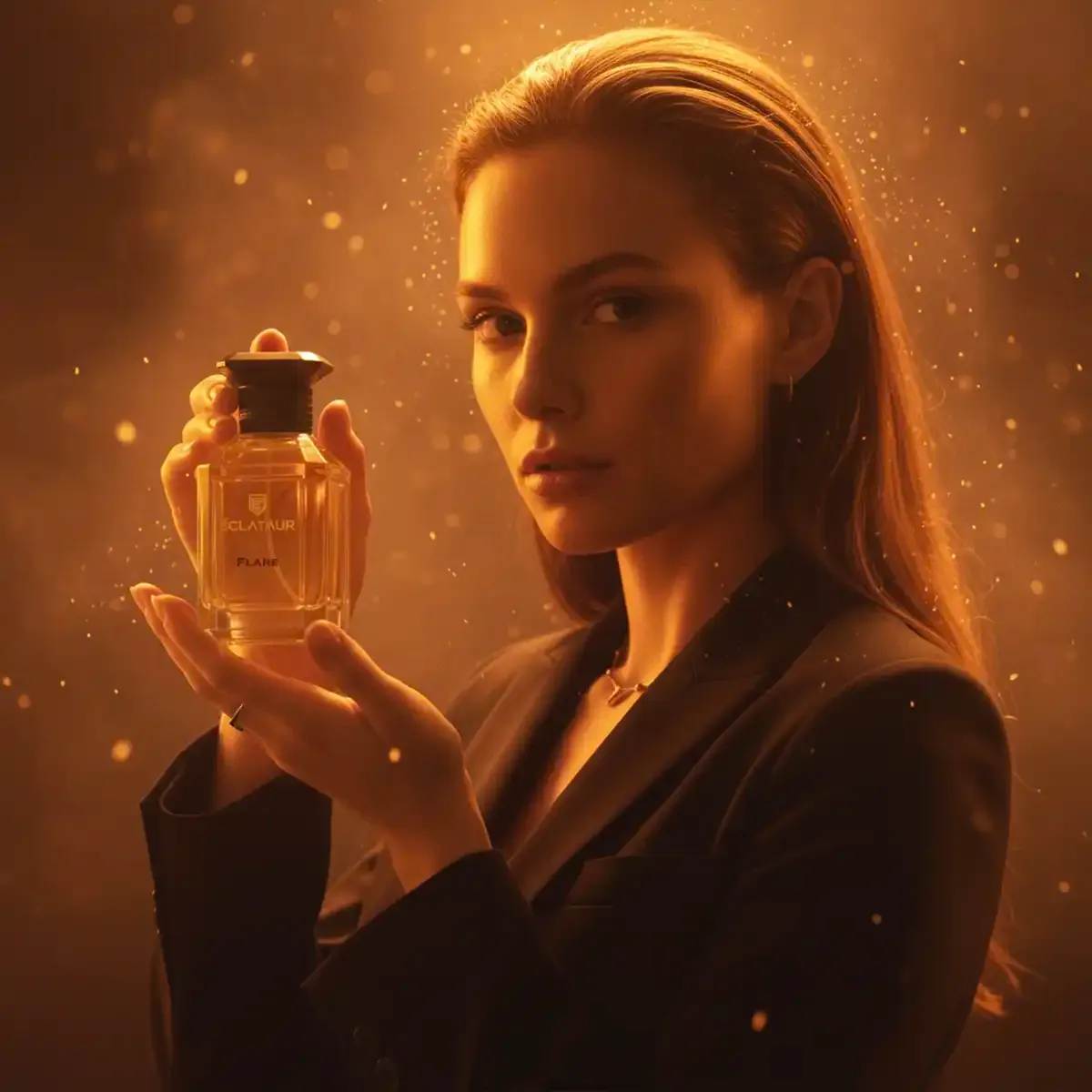 ÉCLATAUR FLARE royal amber perfume bottle, matte black cap with gold detail