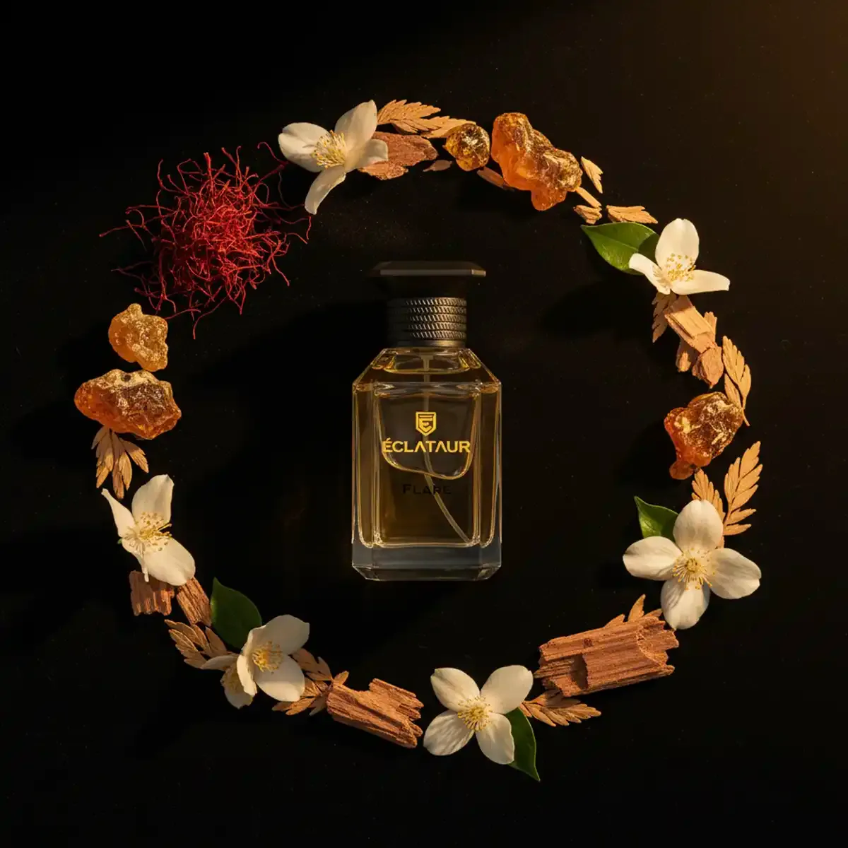 ÉCLATAUR FLARE royal amber perfume bottle, matte black cap with gold detail