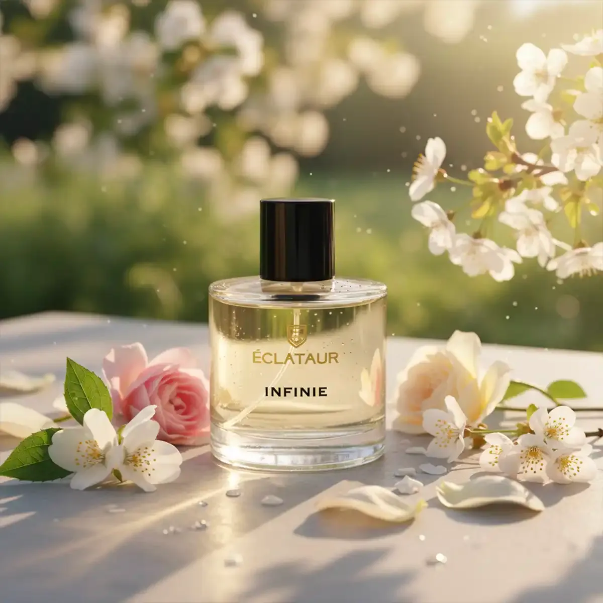 ÉCLATAUR INFINIE perfume tuberose bottle, matte black cap with gold detail