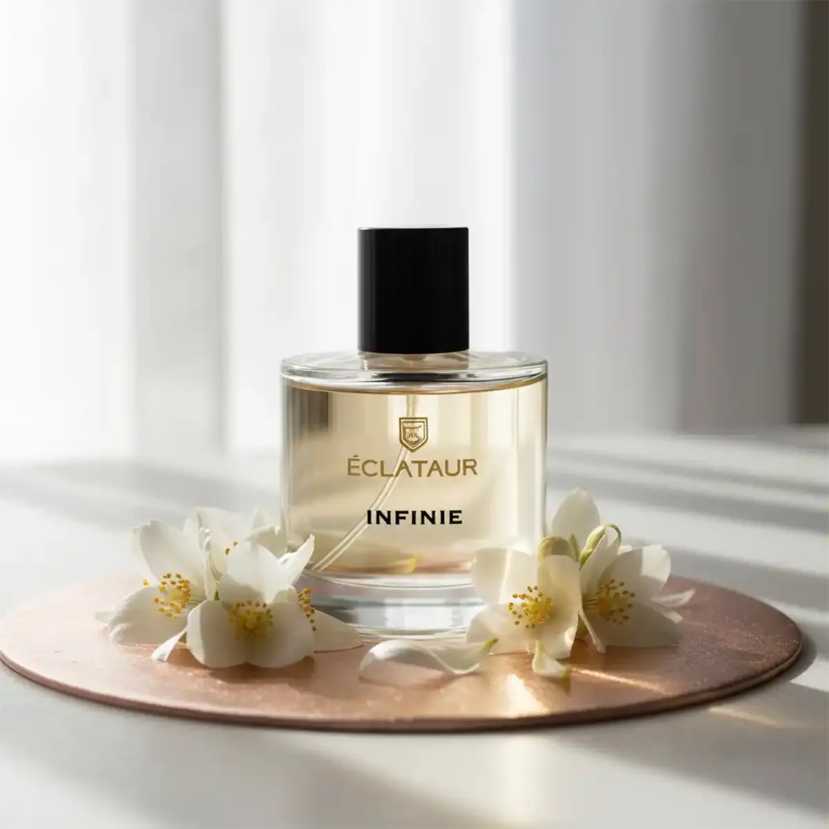 ÉCLATAUR INFINIE perfume tuberose bottle, matte black cap with gold detail