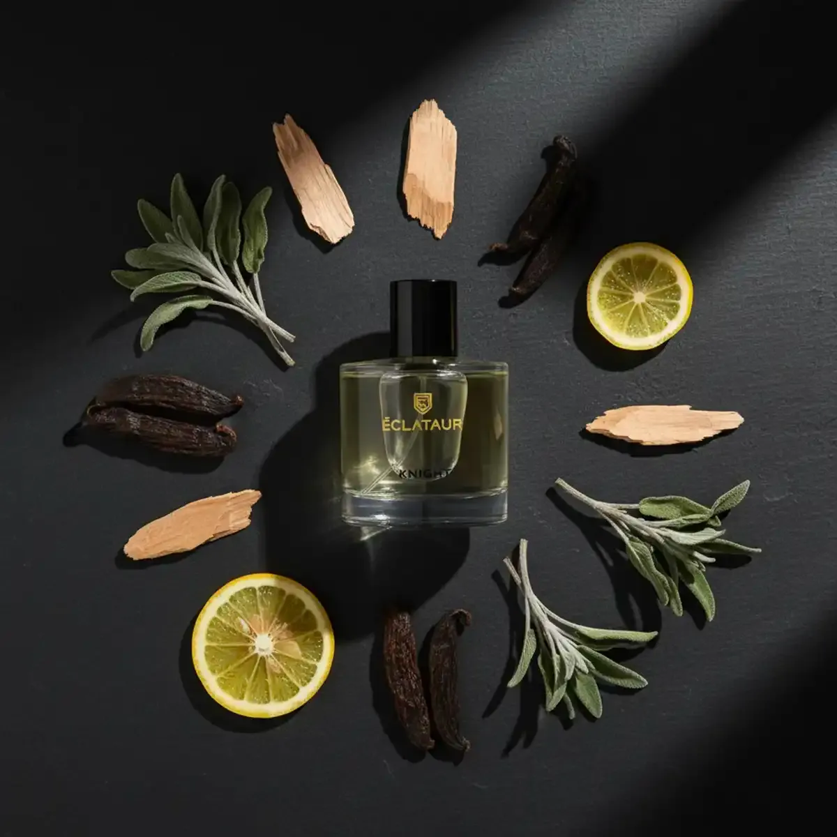 ÉCLATAUR KNIGHT clean men's cologne bottle, matte black cap with gold detail