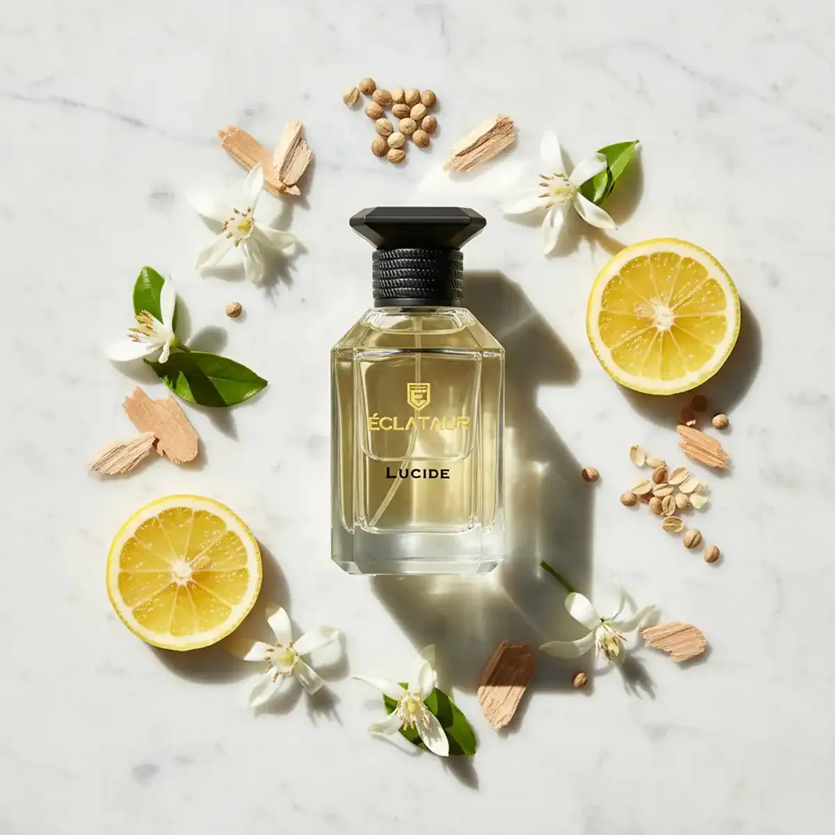 ÉCLATAUR LUCIDE citrus fragrance perfume bottle, matte black cap with gold detail