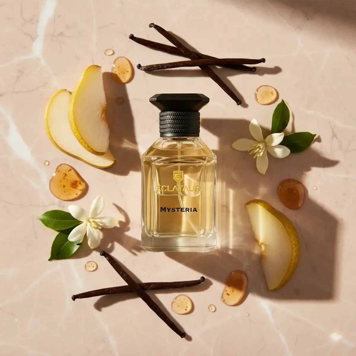 ÉCLATAUR MYSTERIA floral perfume for women bottle, matte black cap with gold detail