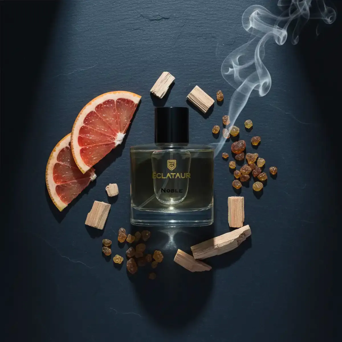 ÉCLATAUR NOBLE citrus woody fragrance for men bottle, matte black cap with gold detail