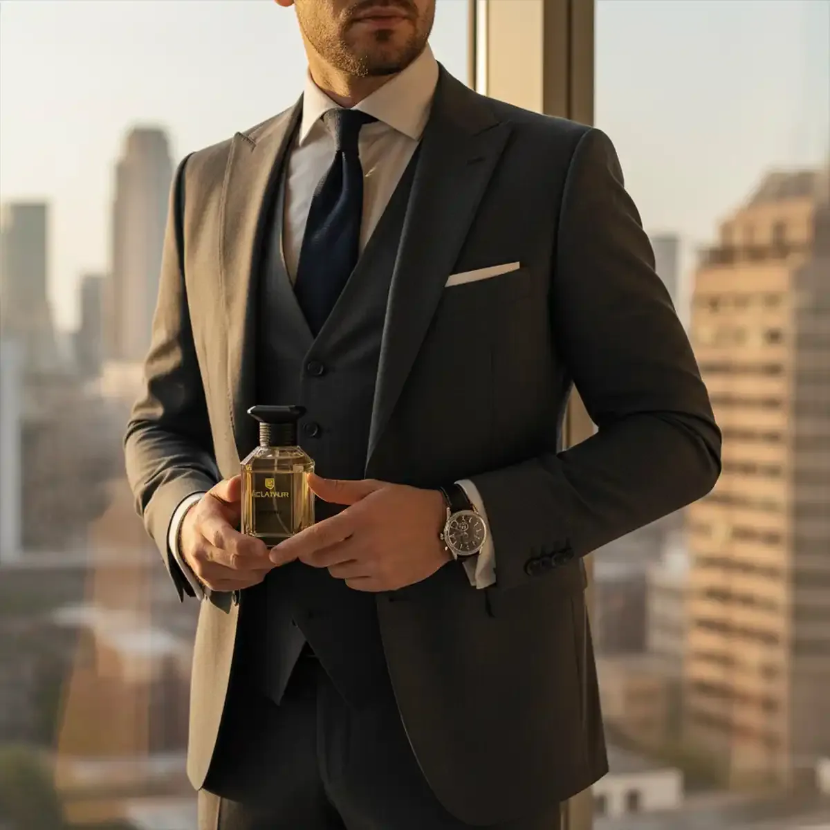 ÉCLATAUR REGENT perfume with bergamot scent bottle, matte black cap with gold detail