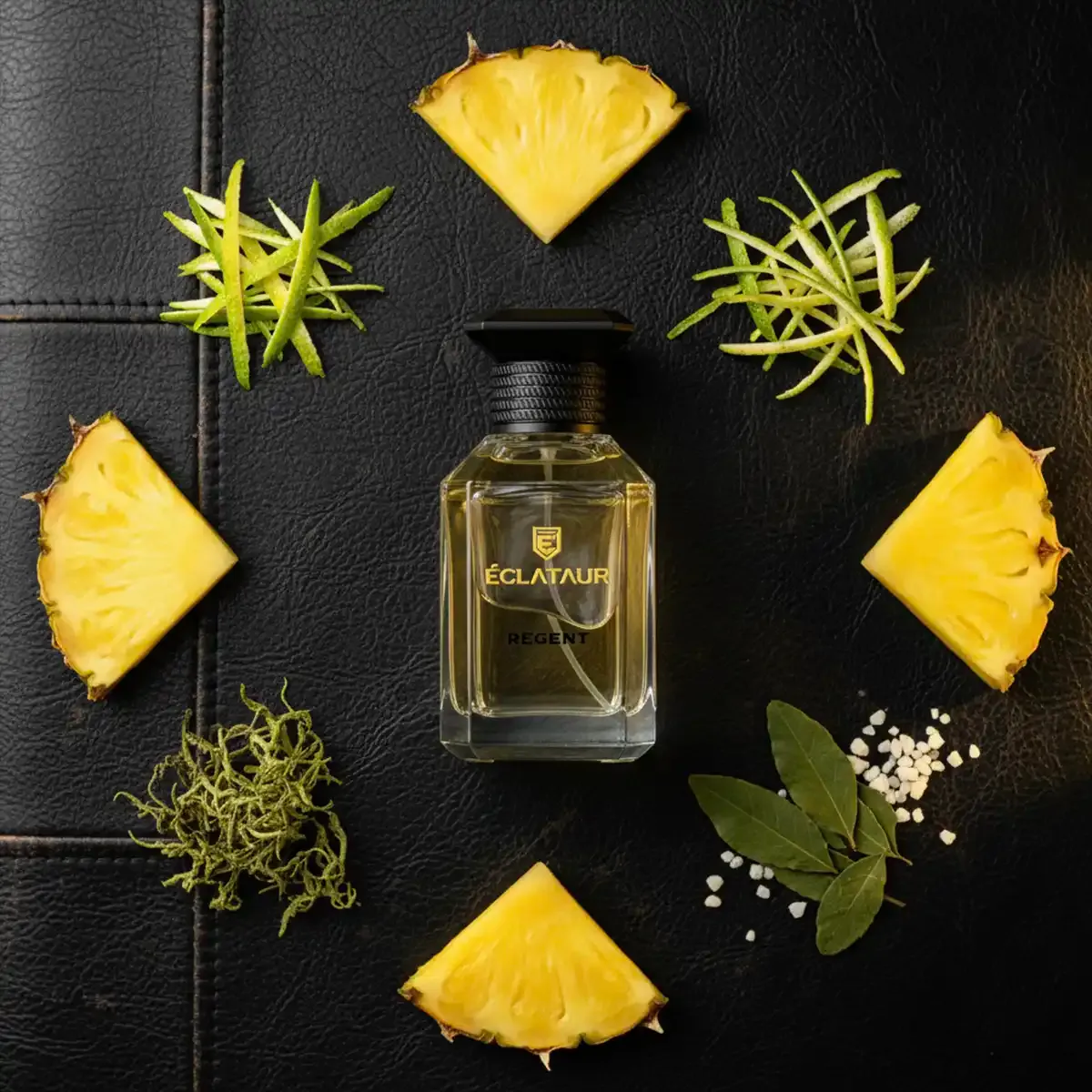 ÉCLATAUR REGENT perfume with bergamot scent bottle, matte black cap with gold detail