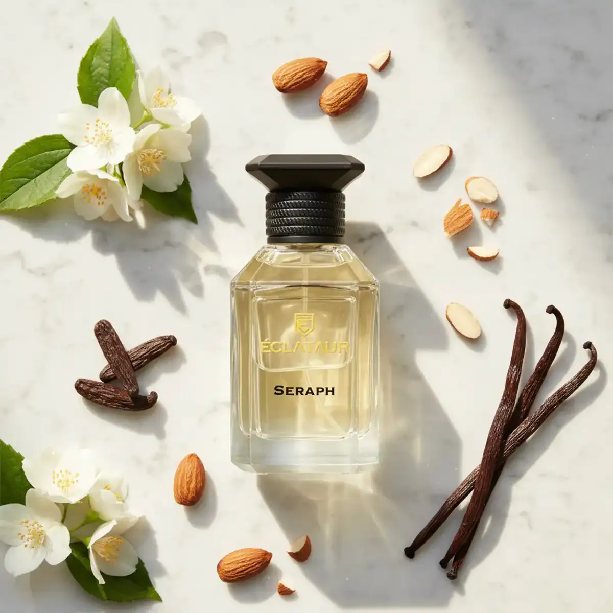 ÉCLATAUR SERAPH cocoa perfume bottle, matte black cap with gold detail