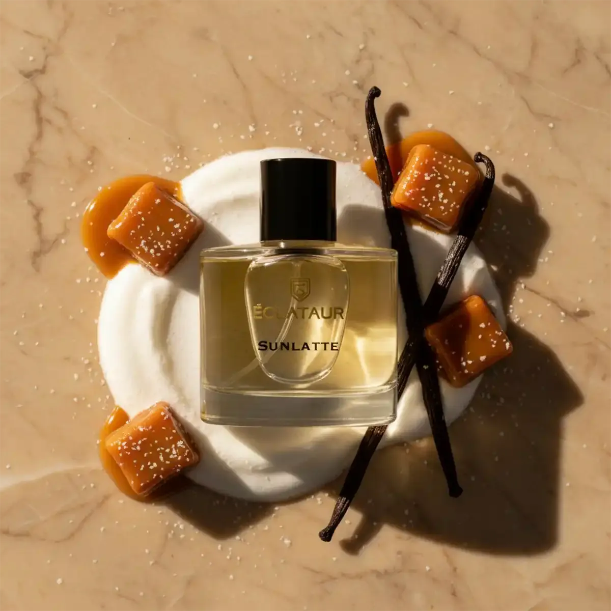 ÉCLATAUR SUNLATTE vanilla gourmand perfume bottle, matte black cap with gold detail