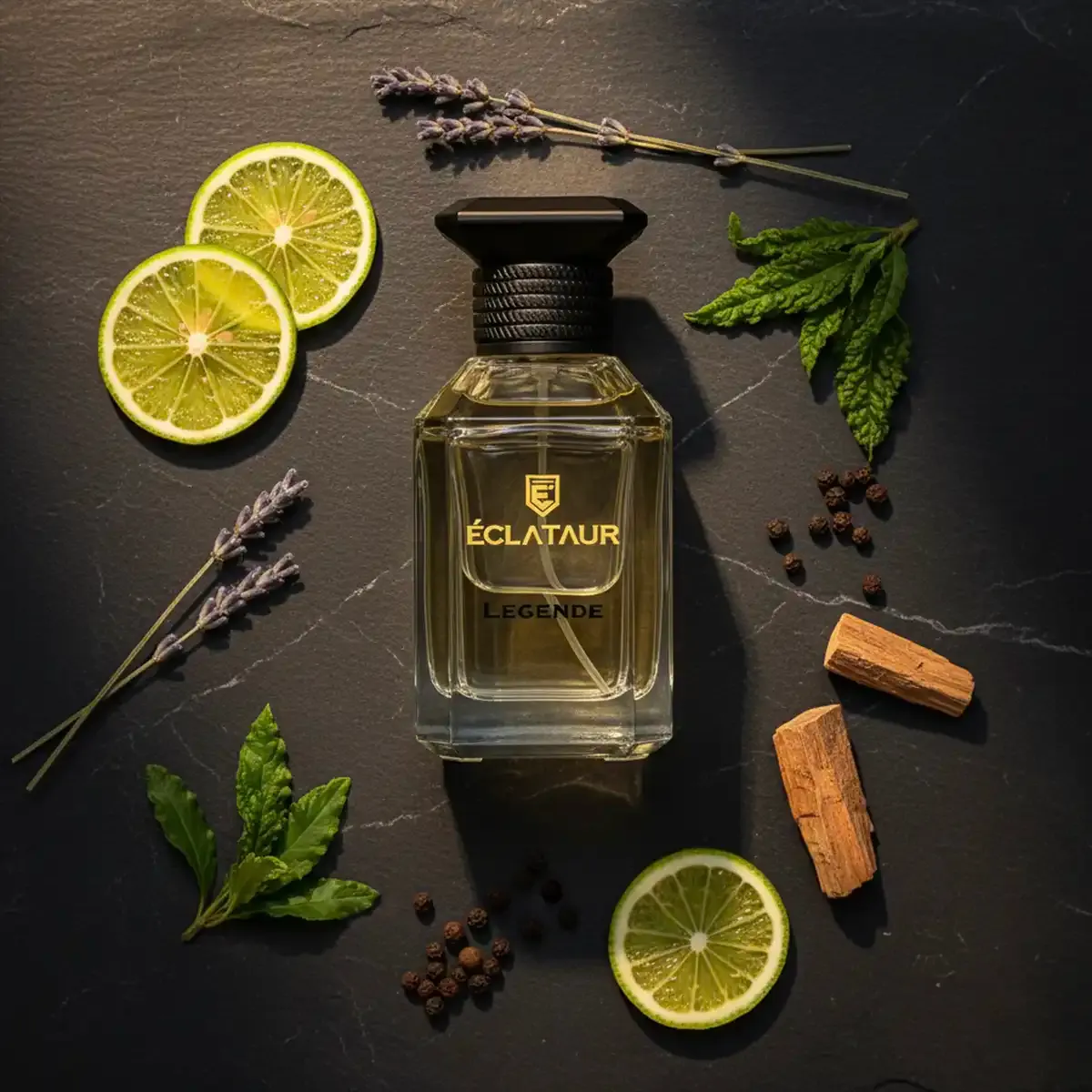 ÉCLATAUR LEGENDE best male perfume summer worn in a chiaroscuro-lit scene