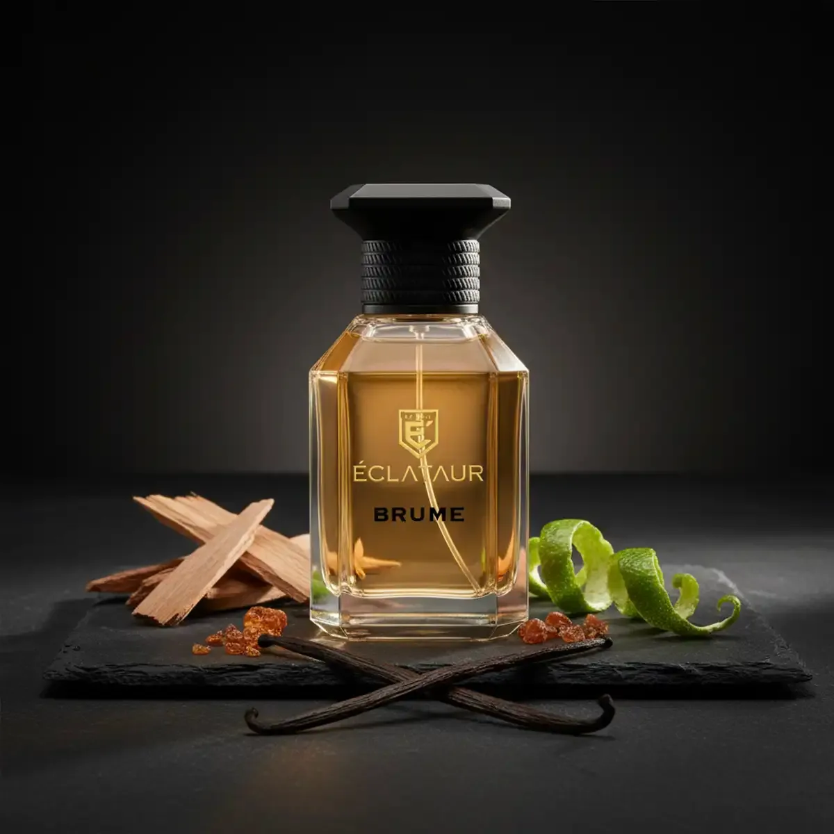 ÉCLATAUR BRUME oriental woody perfume bottle, matte black cap with gold detail