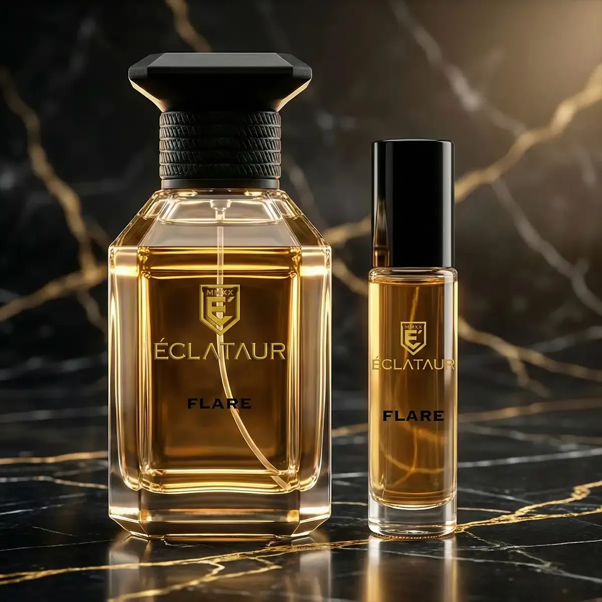 ÉCLATAUR FLARE roll-on perfume oil beside the Eau de Parfum bottle