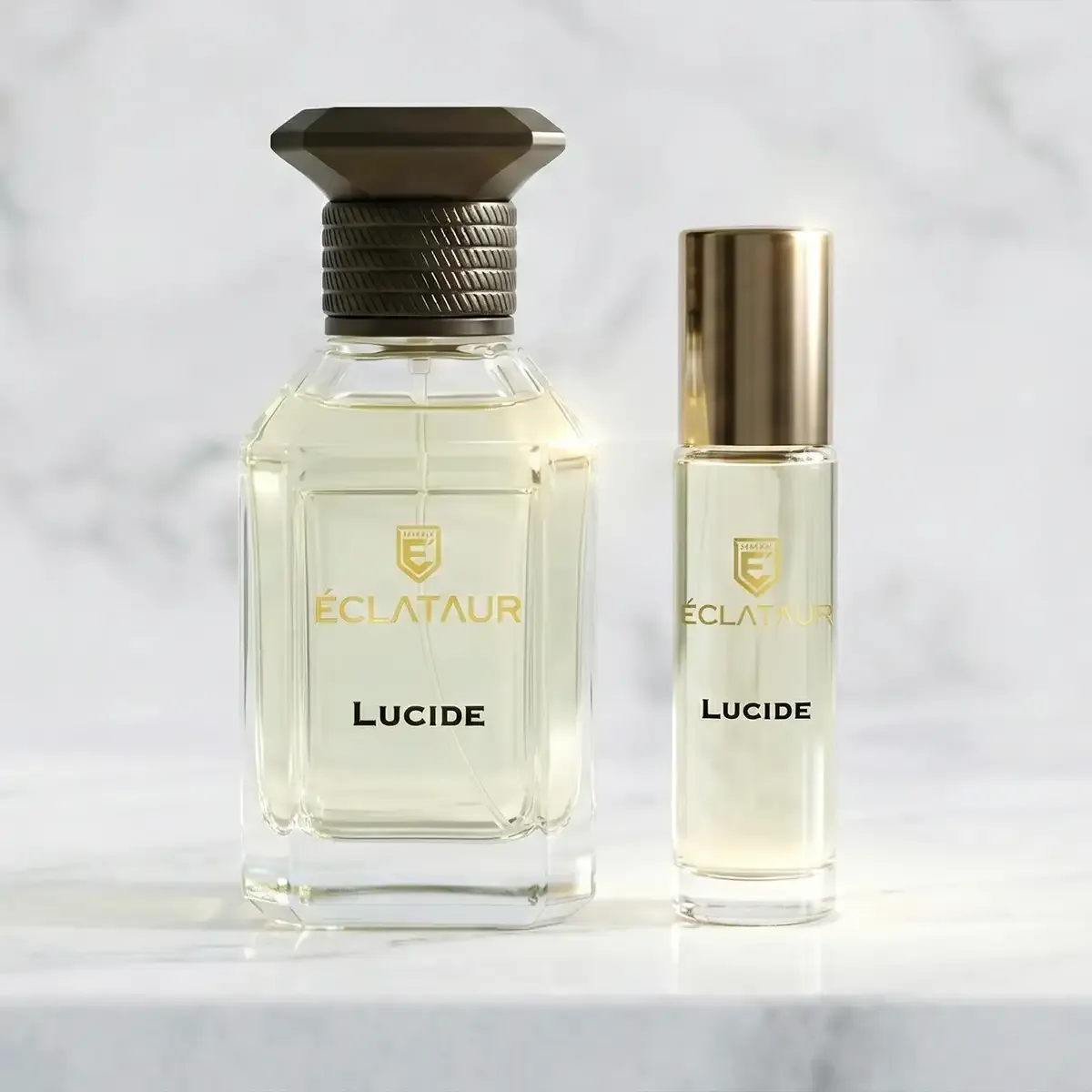 ÉCLATAUR LUCIDE roll-on perfume oil beside the Eau de Parfum bottle