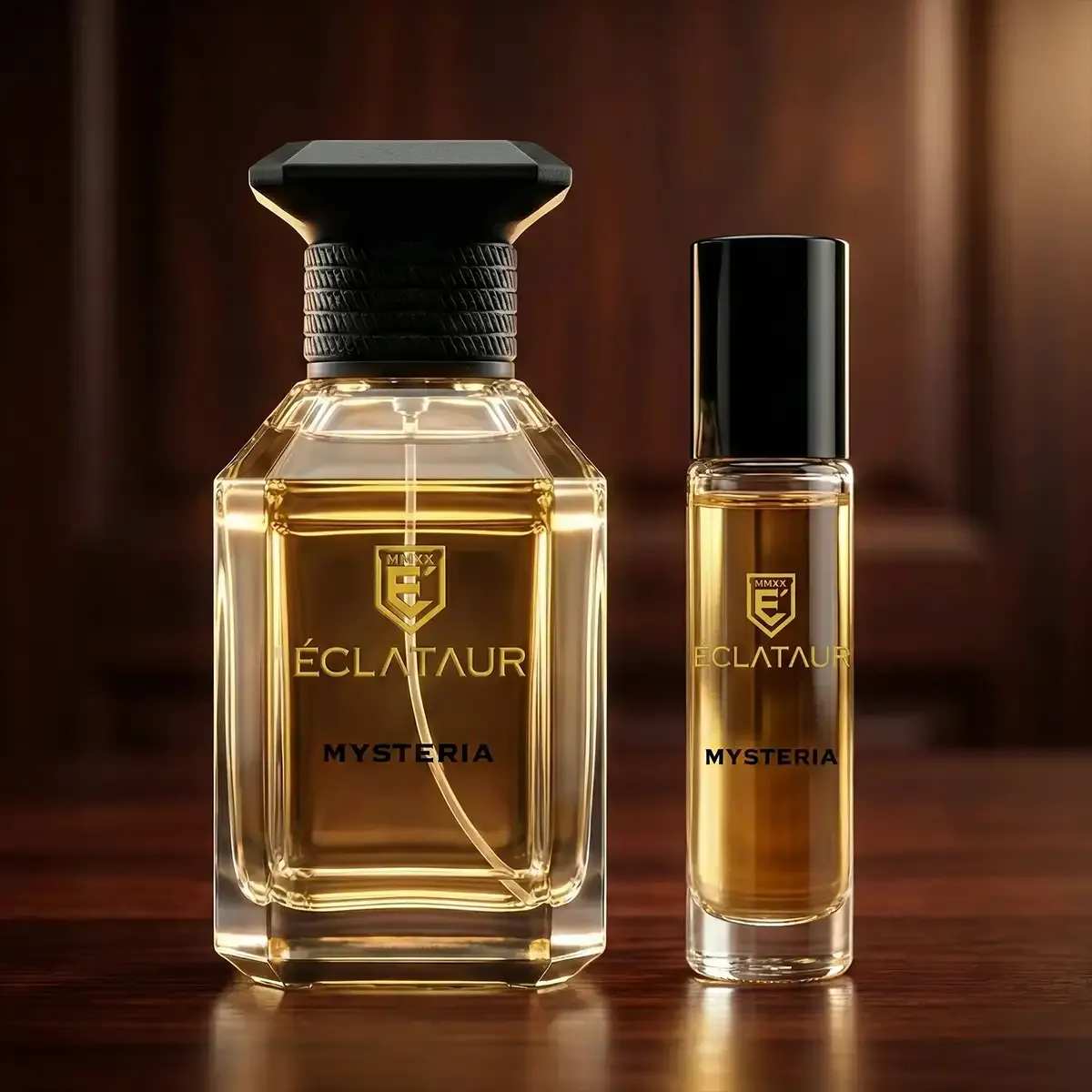ÉCLATAUR MYSTERIA roll-on perfume oil beside the Eau de Parfum bottle