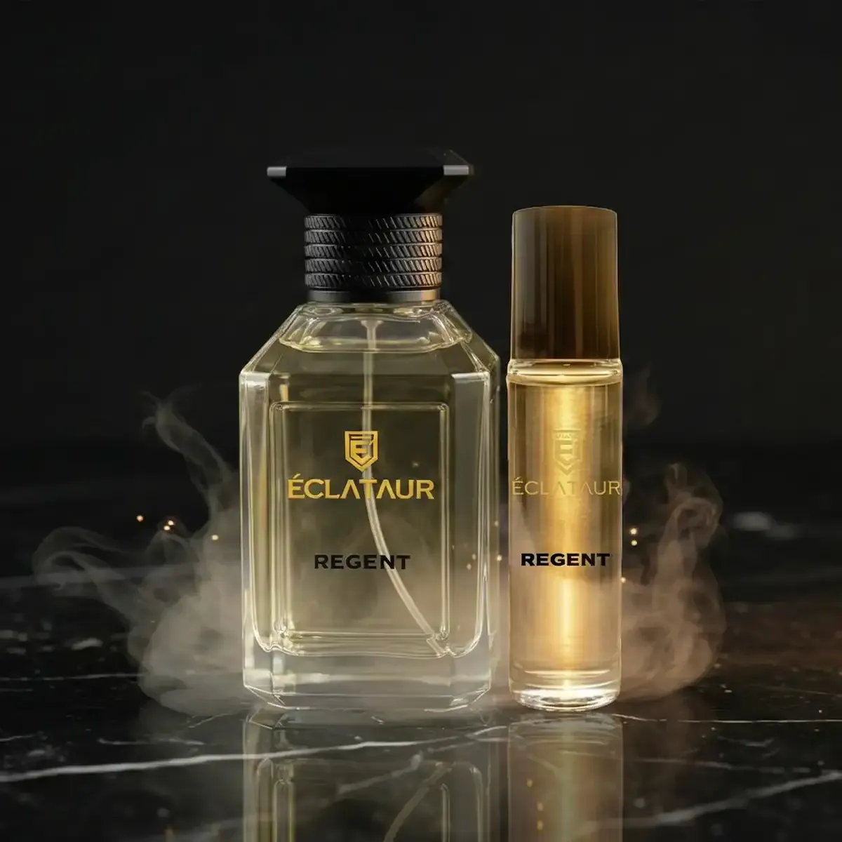 ÉCLATAUR REGENT roll-on perfume oil beside the Eau de Parfum bottle